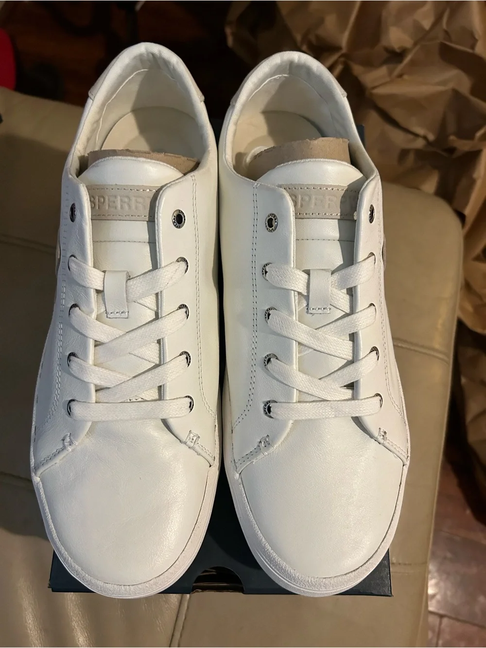White Women's Leather Lace-Up Sneakers with Beige Trim